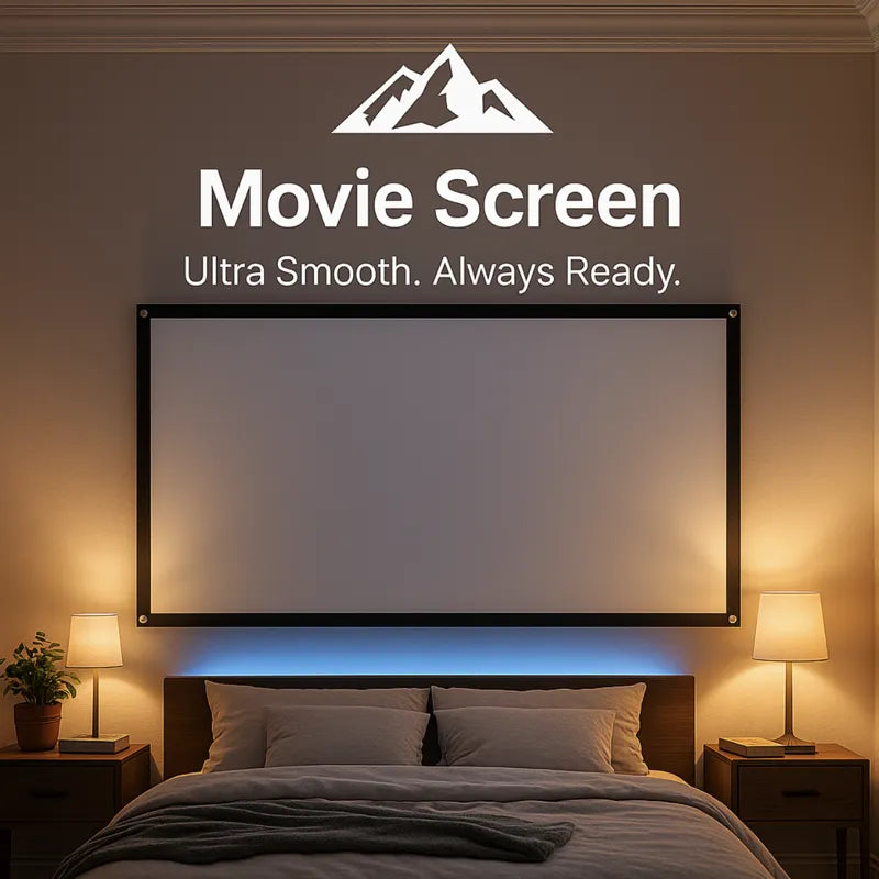 HighPeak Movie Screen mounted above bed in cozy bedroom with warm lighting, ultra-smooth surface ready for 4K projection