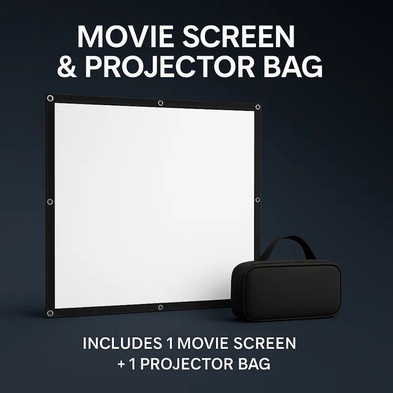 Movie Screen & Bag Bundle by HighPeak showing a foldable projector screen with black edges and a black padded travel bag.