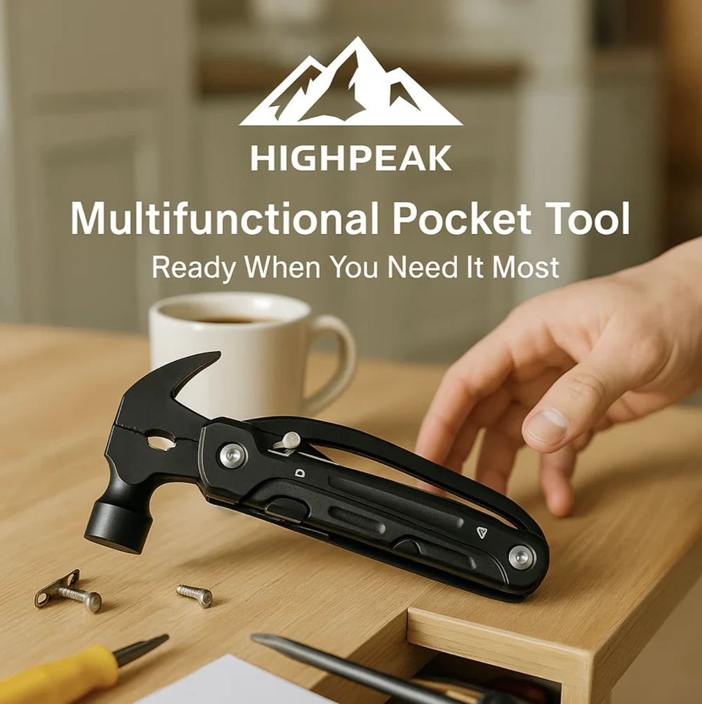 HighPeak Multifunctional Pocket Tool black design with hammer and pliers on wooden desk near coffee cup and hand