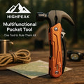 HighPeak Multifunctional Pocket Tool in orange with hammer and pliers on a wooden table, outdoor adventure setting