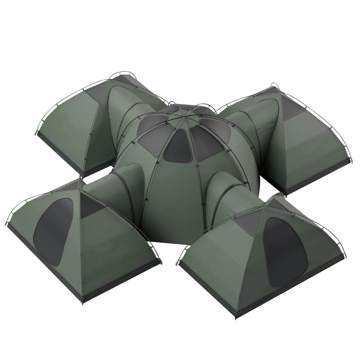 Multiroom Camping Tent with a central dome, four connected outer pods, exposed poles and dark mesh panels.