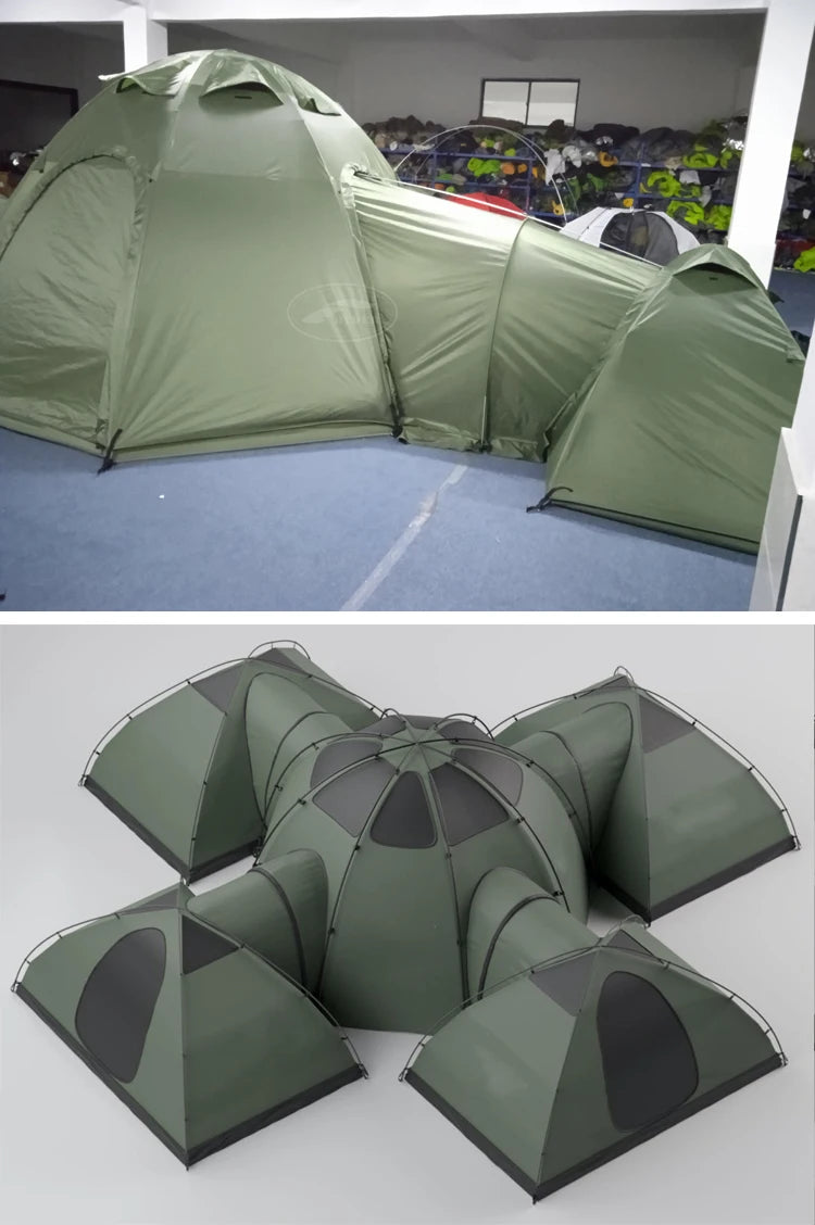 Multiroom Camping Tent collage pairing an indoor dome-to-pod tunnel view with an overview of the central hub and four outer pods.