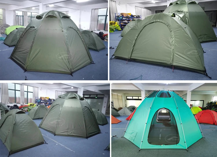 Four-view supplier collage of the Multiroom Camping Tent showing dome and pod exteriors plus a turquoise hub example with an open door.