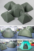 Multiroom Camping Tent collage showing the flysheet-covered layout, dome and pod details, and a turquoise hub example with an open door.