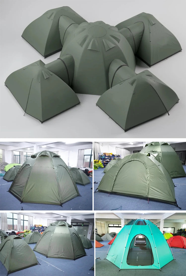 Multiroom Camping Tent collage showing the flysheet-covered layout, dome and pod details, and a turquoise hub example with an open door.