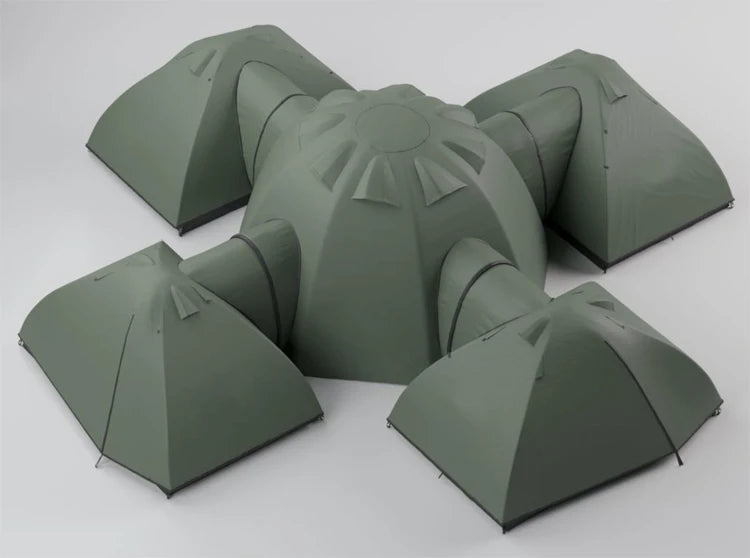 Multiroom Camping Tent overview with flysheets covering the central dome and four outer pods, linked by short tunnels.