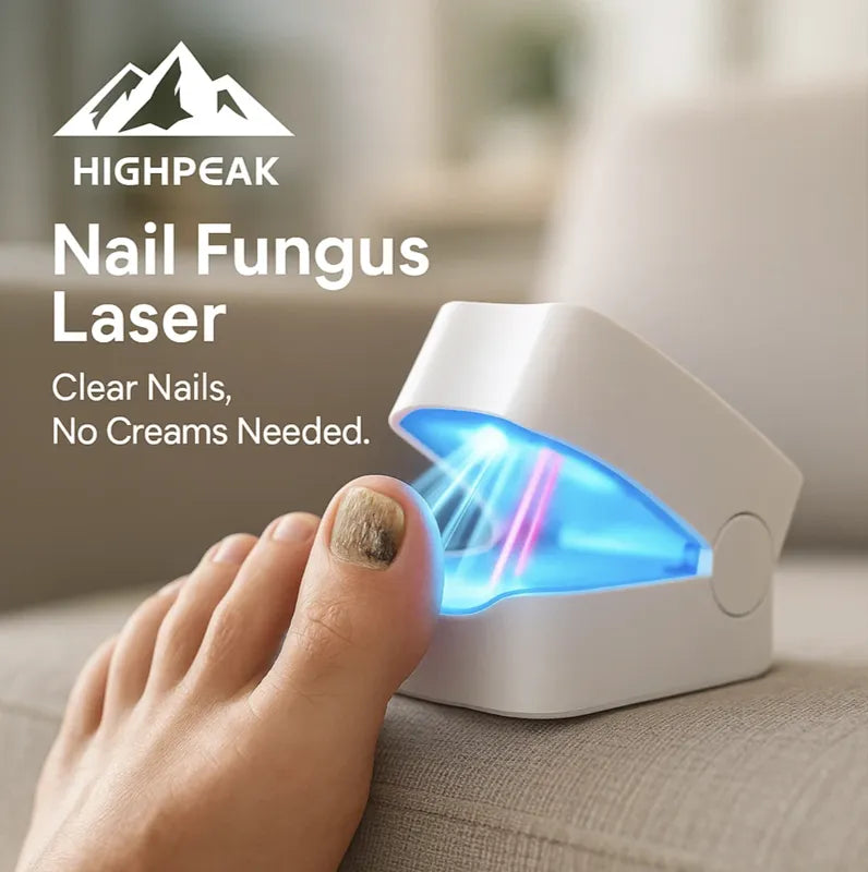 HighPeak Nail Fungus Laser in white with blue and red light treating toenail fungus on foot at home