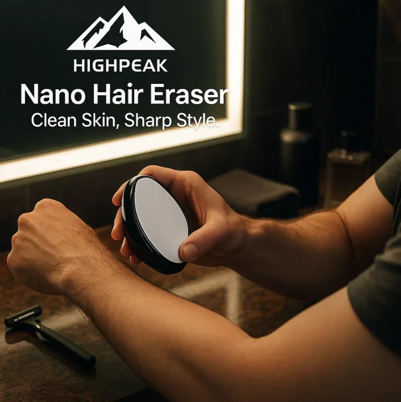 HighPeak Nano Hair Eraser in black held over arm for painless hair removal with no blades or irritation visible in bathroom setting