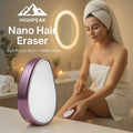 HighPeak Nano Hair Eraser in purple with woman exfoliating skin in bathroom, showcasing painless hair removal and smooth skin benefits