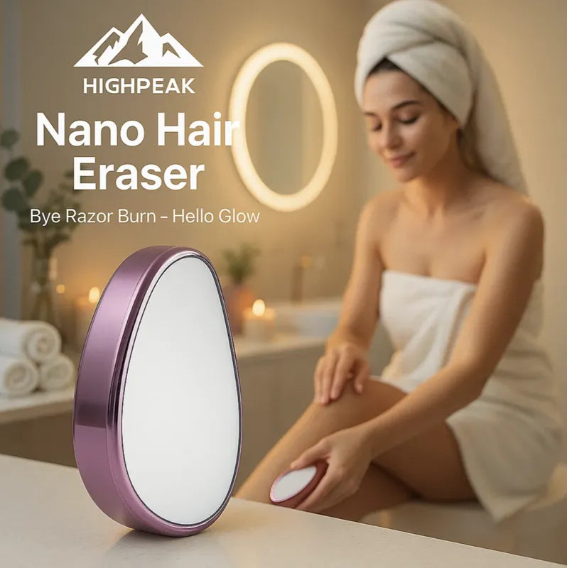 HighPeak Nano Hair Eraser in purple shown with woman using it for painless hair removal in bathroom spa setting