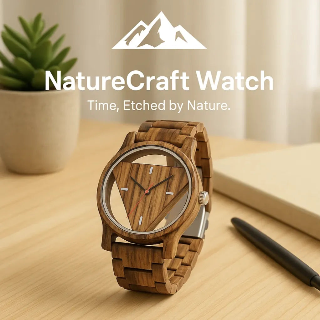 NatureCraft™ - Handmade Watch in natural wood with geometric dial on light wood desk by HighPeak, eco-friendly style