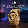 HighPeak NatureCraft™ Handmade Watch in natural wood with minimalist triangular dial and eco-friendly design on dark surface