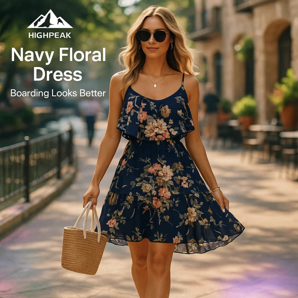 HighPeak Pink Floral Off Shoulder Dress worn by woman with sunglasses holding straw bag outdoors summer scene
