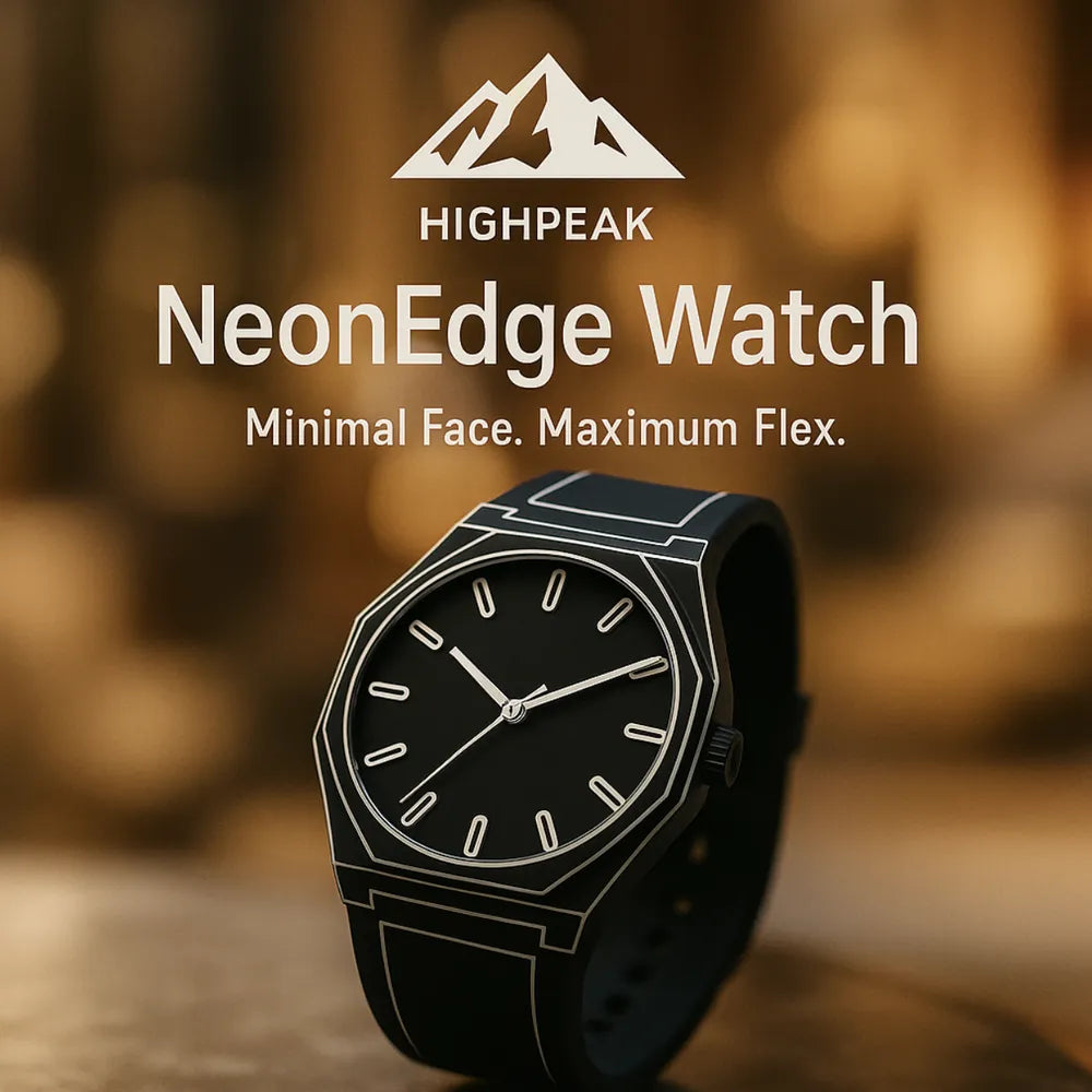 HighPeak NeonEdge™ Futuristic Glow Quartz Watch in black with glowing outline and sleek silicone strap on a blurred background