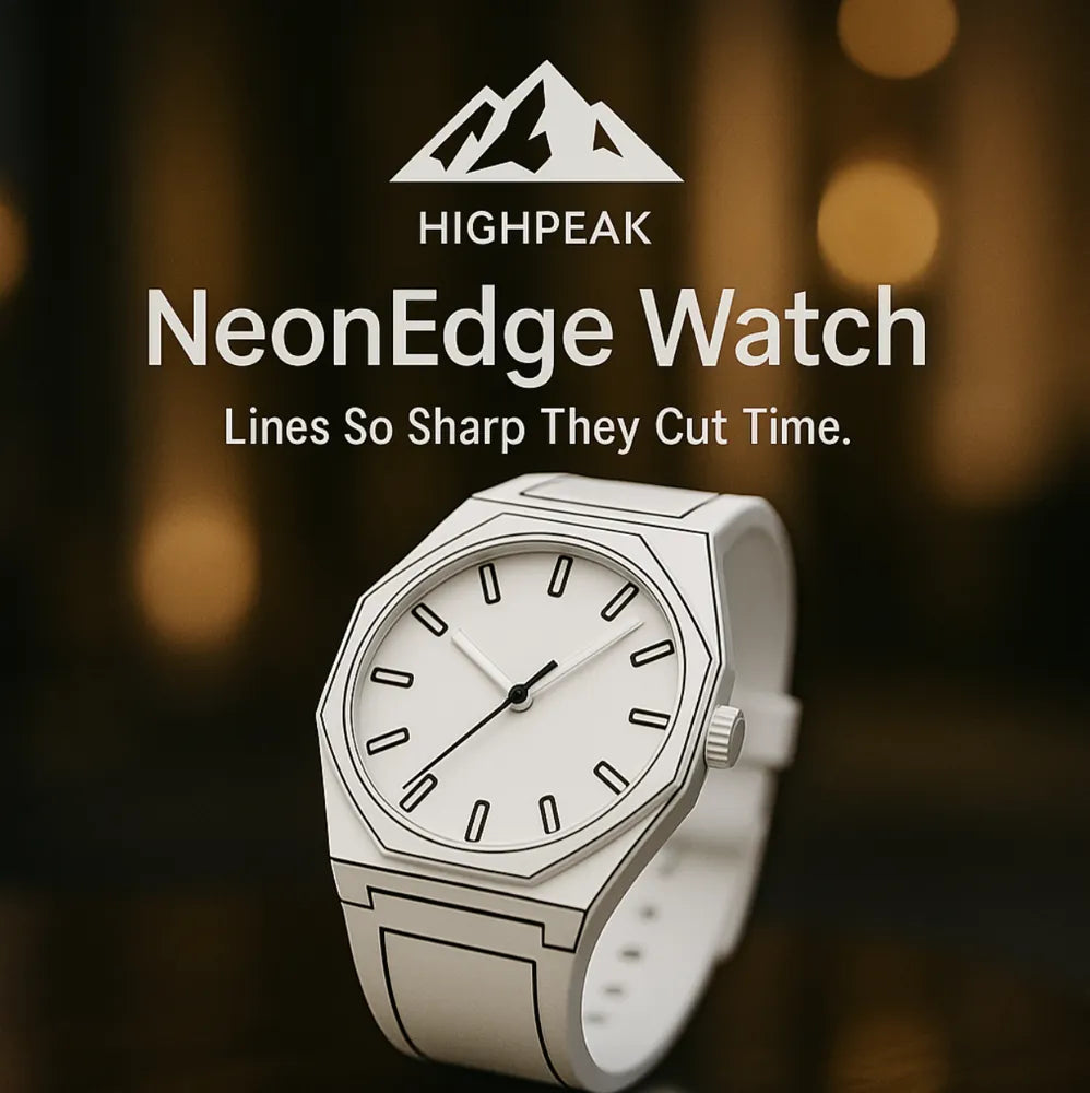 HighPeak NeonEdge™ Futuristic Glow Quartz Watch in white with geometric design and sleek silicone strap on dark background