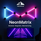 HighPeak NeonMatrix™ modular LED light bars in blue and pink arranged in geometric shapes on a dark wall