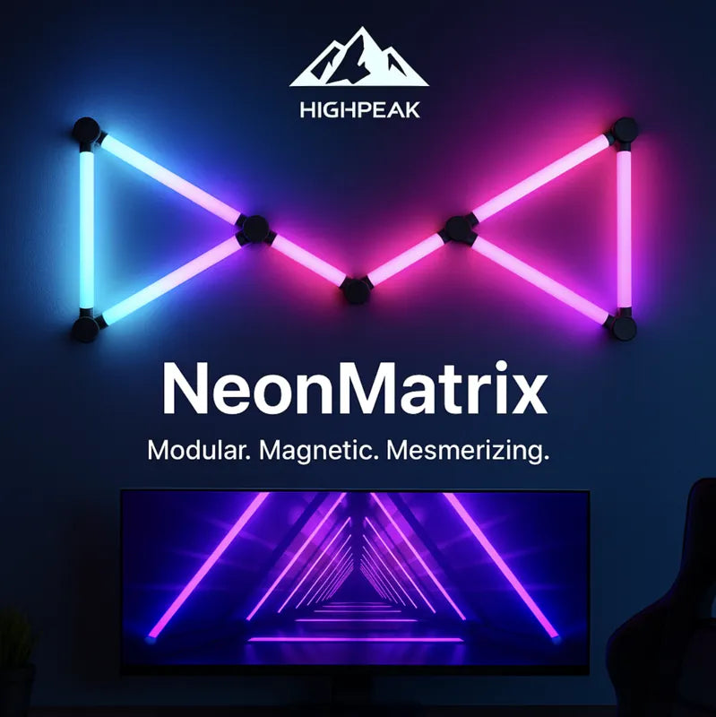 HighPeak NeonMatrix™ modular LED light bars in blue and pink arranged in geometric shapes on a dark wall