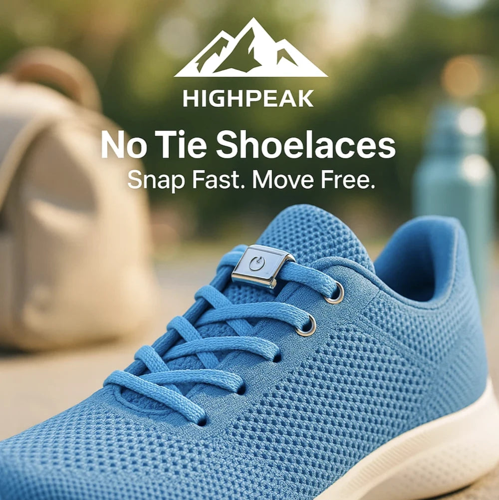 HighPeak No Tie Shoelaces on blue sneaker with secure press-lock, elastic flat laces for easy slip-on and all-day comfort