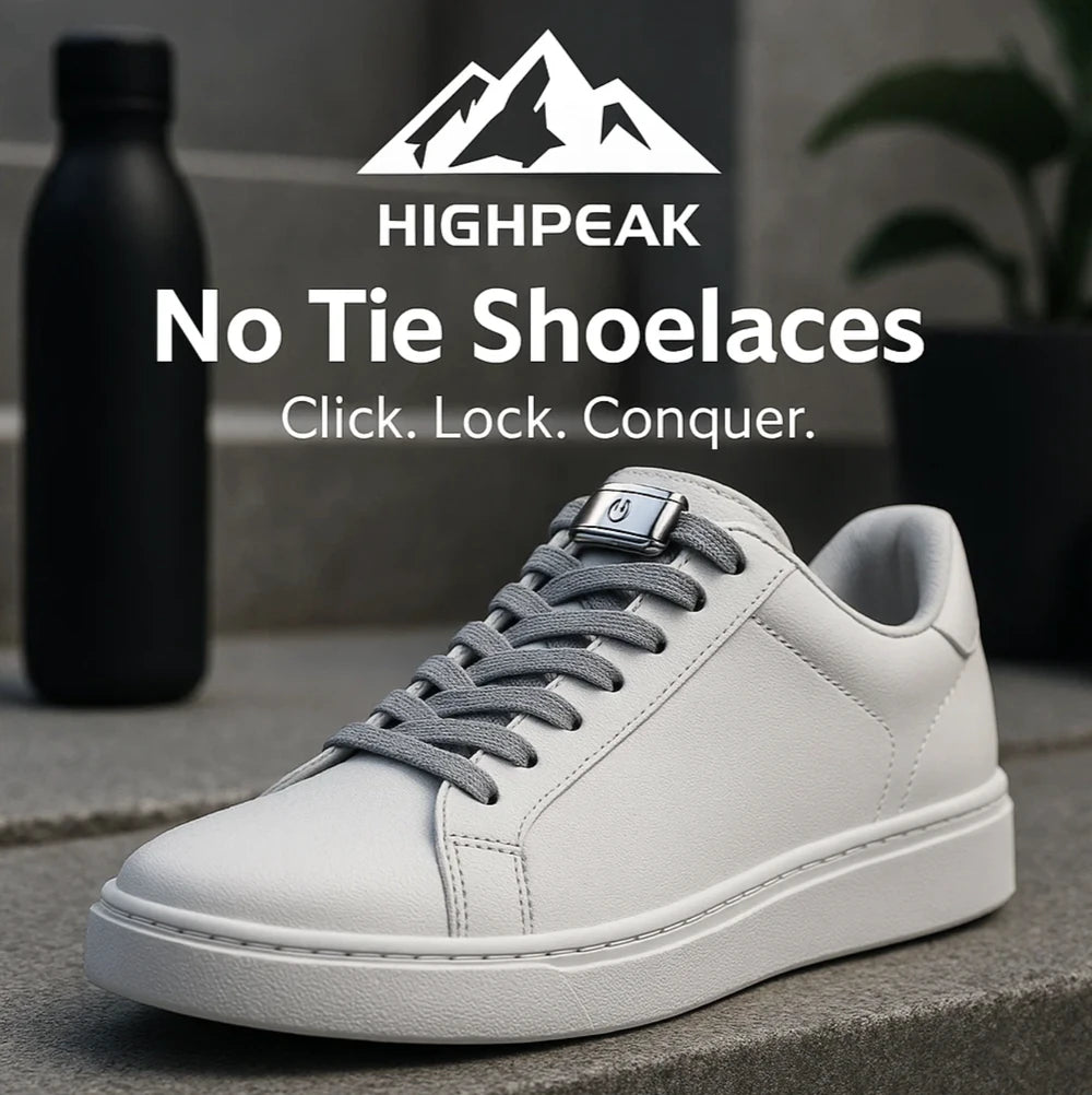 HighPeak No Tie Shoelaces on white sneaker with gray elastic laces and press-lock closure in outdoor urban setting