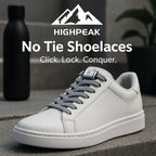 HighPeak No Tie Shoelaces in gray elastic on white sneaker with press-lock closure for easy, secure fit and all-day comfort