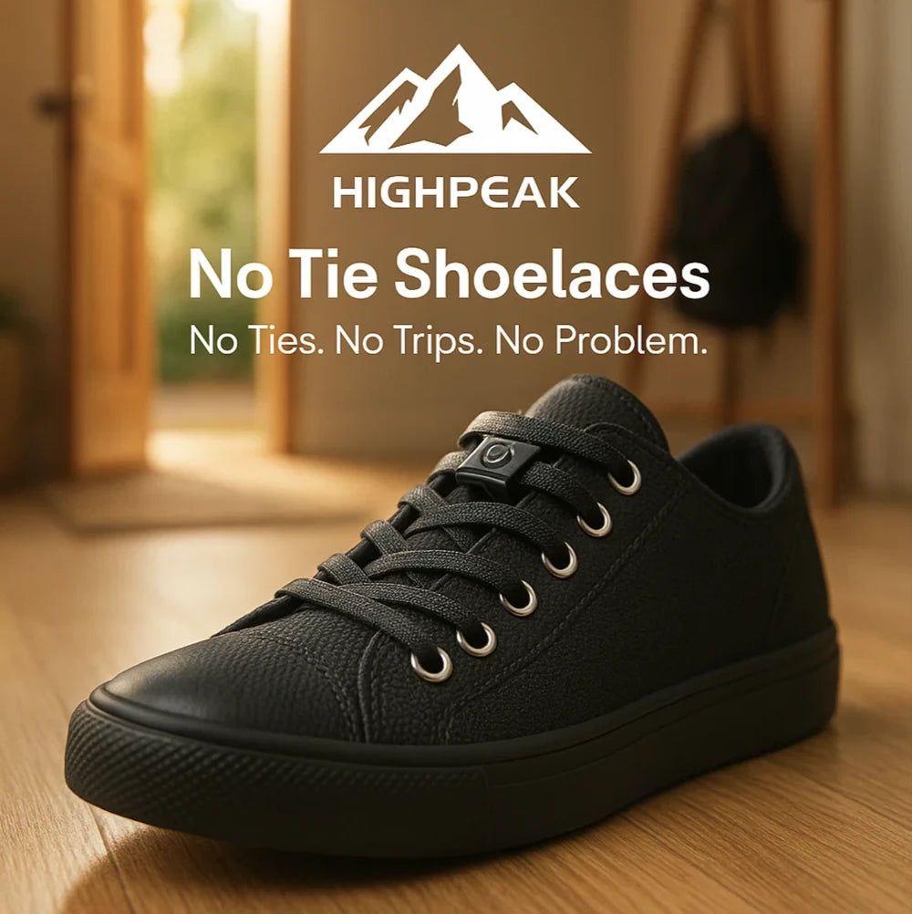 HighPeak No Tie Shoelaces on black sneaker with press-lock closure, perfect for secure, slip-free wear indoors.