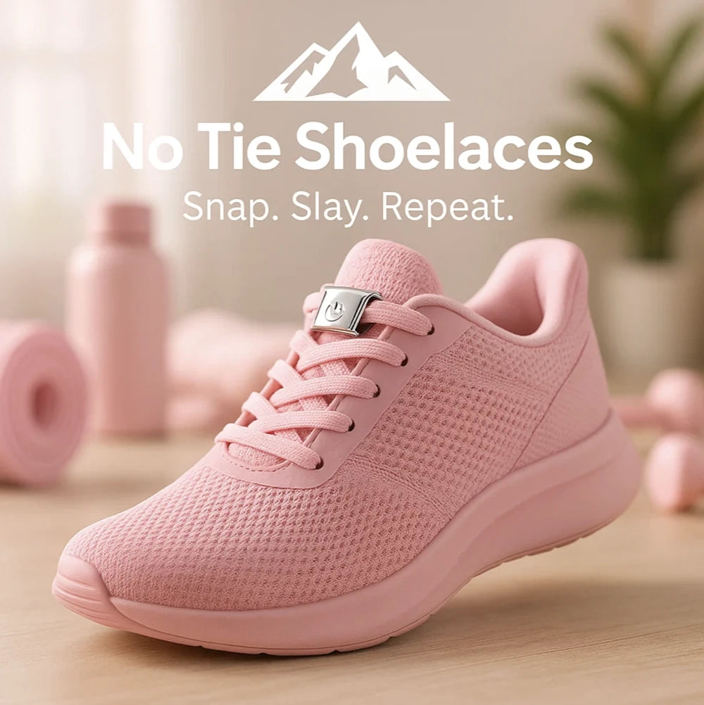 HighPeak No Tie Shoelaces on pink athletic shoe with elastic flat laces and press-lock closure for easy wear