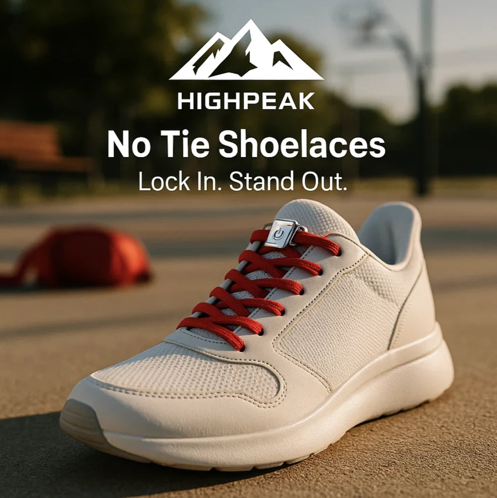 HighPeak No Tie Shoelaces in red on white sneaker with press-lock closure, outdoor setting, secure and elastic fit.