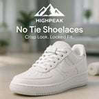 HighPeak No Tie Shoelaces in white on a sneaker, showing crisp look and secure locked fit indoors