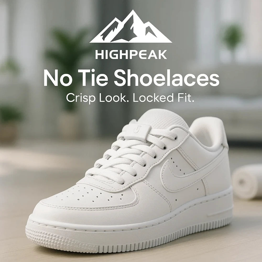 HighPeak No Tie Shoelaces in white on a sneaker, showing crisp look and secure locked fit indoors