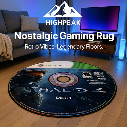 HighPeak Nostalgic Gaming Rug featuring Halo 4 disc design on wood ...
