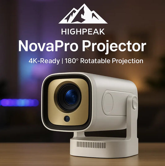 HighPeak NovaPro smart projector in white with gold-accented lens, featuring 180-degree rotatable design on wooden surface
