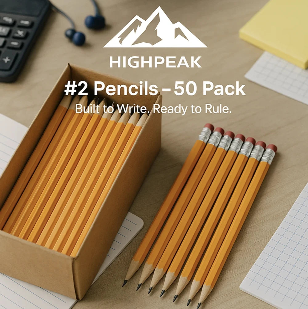 HighPeak #2 Pencils – 50 Pack of pre-sharpened yellow wooden pencils with erasers on a wood desk setup