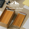 HighPeak #2 Pencils – 50 Pack of pre-sharpened yellow wooden pencils with erasers on a wood desk setup