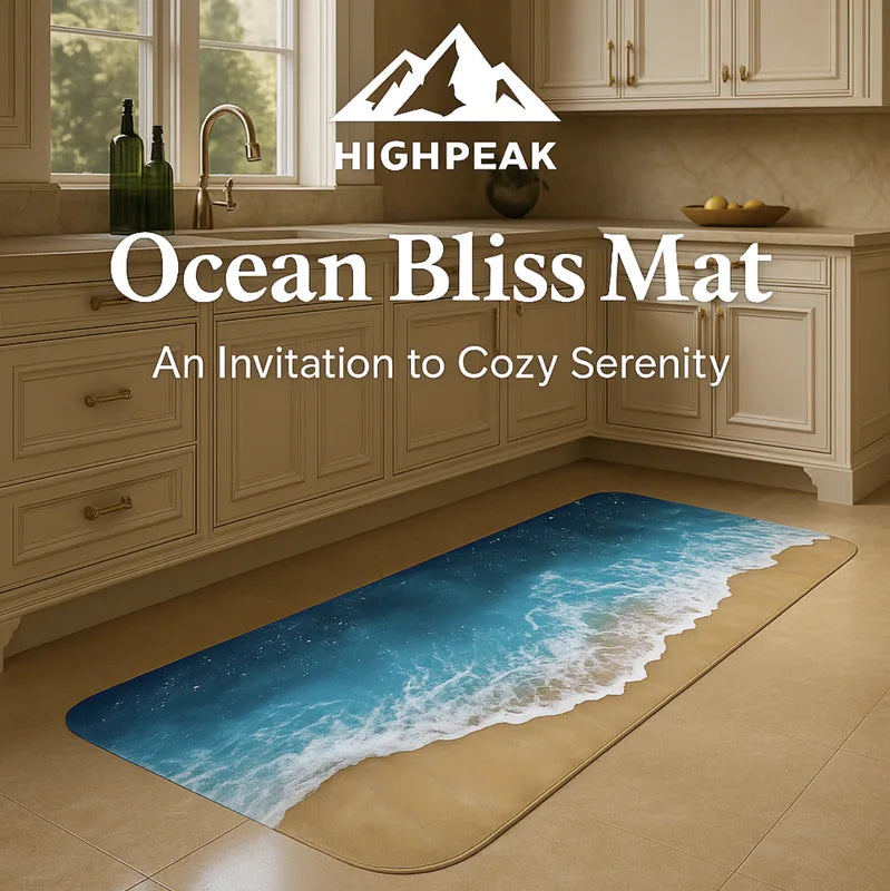 HighPeak Ocean Bliss Mat in blue with realistic wave design on kitchen floor for cozy coastal style and slip resistance