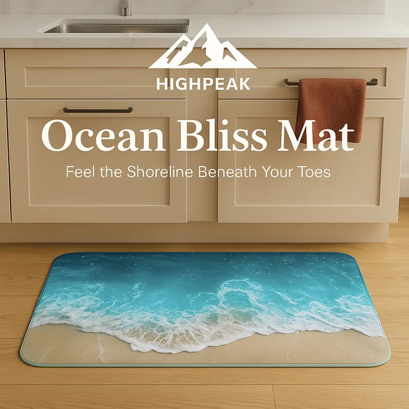 HighPeak Ocean Bliss Mat with realistic ocean wave design on a kitchen floor, cushioned and slip-resistant surface.