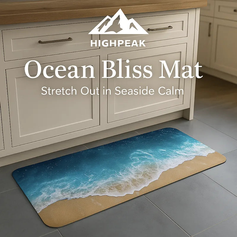 HighPeak Ocean Bliss Mat in blue and tan with wave design on kitchen floor for a coastal-inspired, non-slip comfort.
