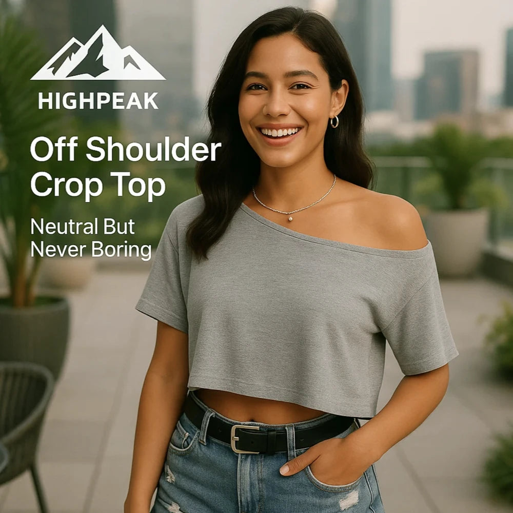 HighPeak Off Shoulder Crop Top in light gray worn by smiling woman outdoors showing casual summer style