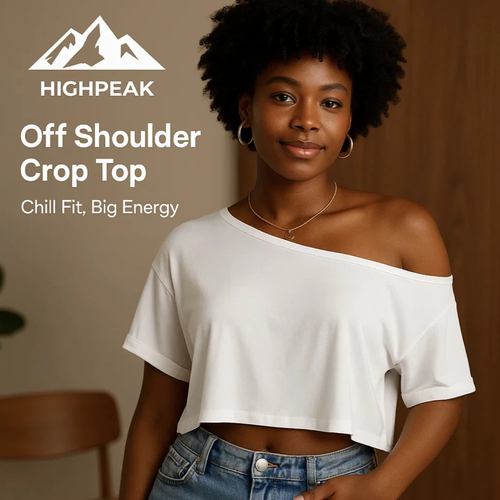 HighPeak Off Shoulder Crop Top in white worn by model showcasing lightweight, breathable fabric and casual chic summer style