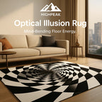 HighPeak Optical Illusion Rug with black-and-white 3D spiral design in modern living room setting with beige sofa.