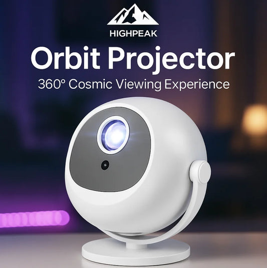 HighPeak OrbitX spherical white projector with 360-degree rotation stand illuminating in dark room with purple ambient light