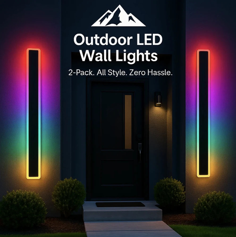 HighPeak Outdoor LED Wall Lights 2-Pack with RGB gradient glow flanking a modern front door at night