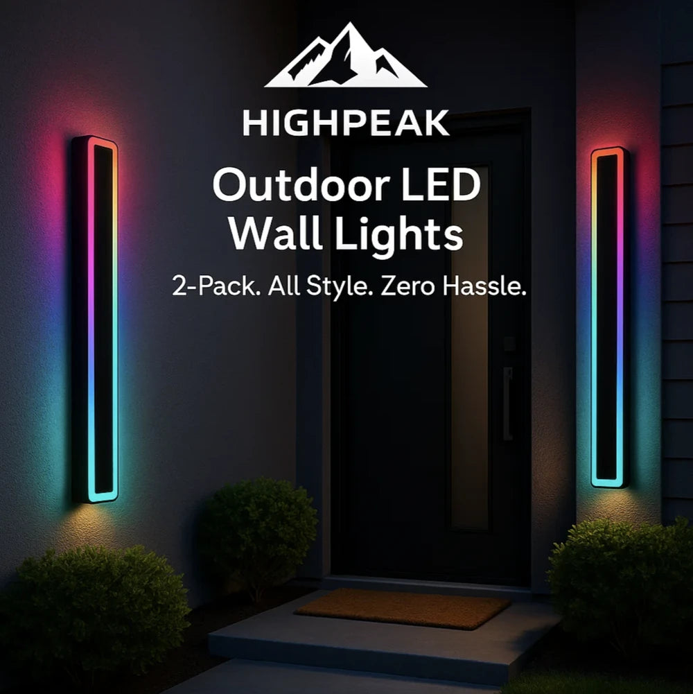 HighPeak Outdoor LED Wall Lights 2-Pack showing sleek RGB vertical lighting on a modern dark entryway wall at night