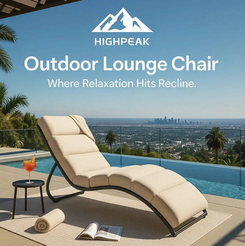 HighPeak Outdoor Arc Lounge Chair in beige with ergonomic design by a pool overlooking a city skyline at sunset