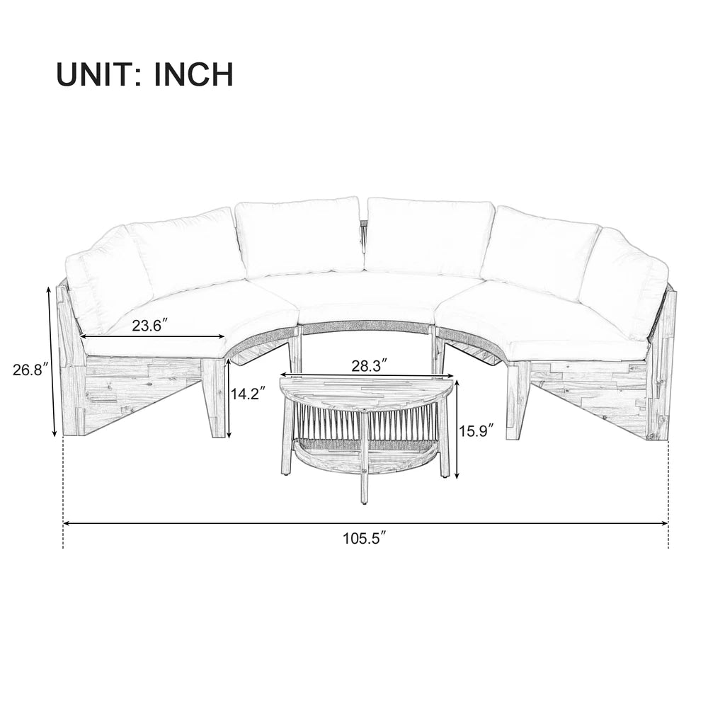 HighPeak U-Shaped Outdoor Sofa Set sketch with dimensions showing weather-resistant cushions and round coffee table design