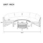 HighPeak U-Shaped Outdoor Sofa Set sketch with dimensions showing weather-resistant cushions and round coffee table design