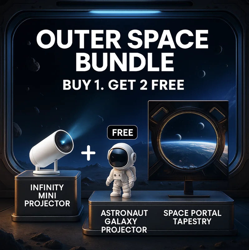 HighPeak Outer Space Deal with Infinity Mini Projector, Astronaut Galaxy Projector, and Space Portal Tapestry in dark cosmic setting