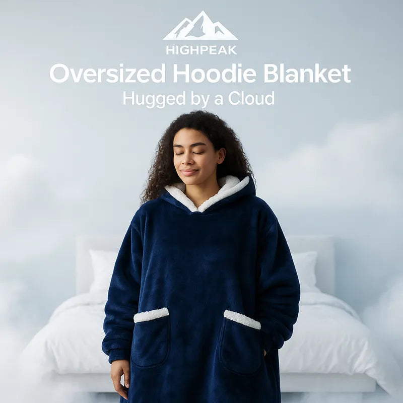 HighPeak Oversized Hoodie Blanket in navy blue with sherpa lining worn by woman in cozy bedroom setting