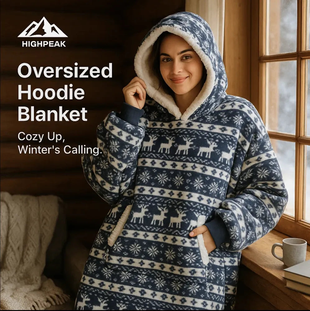 HighPeak Oversized Hoodie Blanket in navy with reindeer print and sherpa lining worn by a woman by a window in cozy winter setting