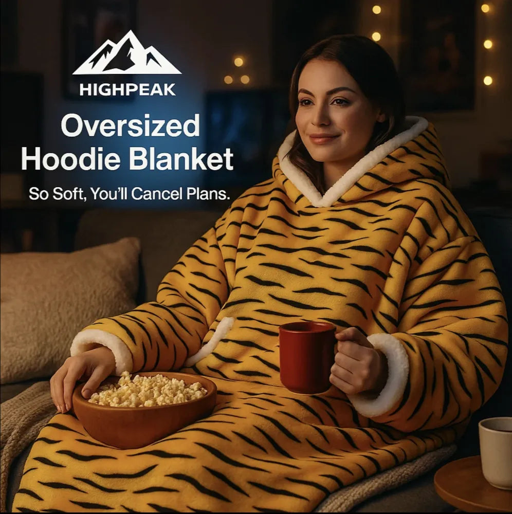 HighPeak Oversized Hoodie Blanket in tiger print with sherpa lining worn by woman relaxing with popcorn and mug