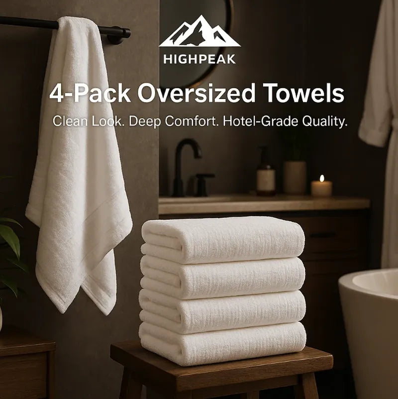 HighPeak 4-Pack Oversized Towels in white microfiber stacked and hanging in a modern spa-like bathroom setting.